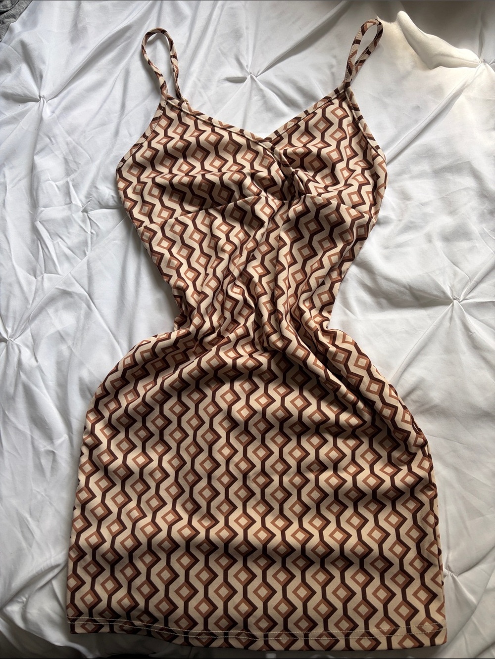Geometric Print Beige & Brown Slip Dress